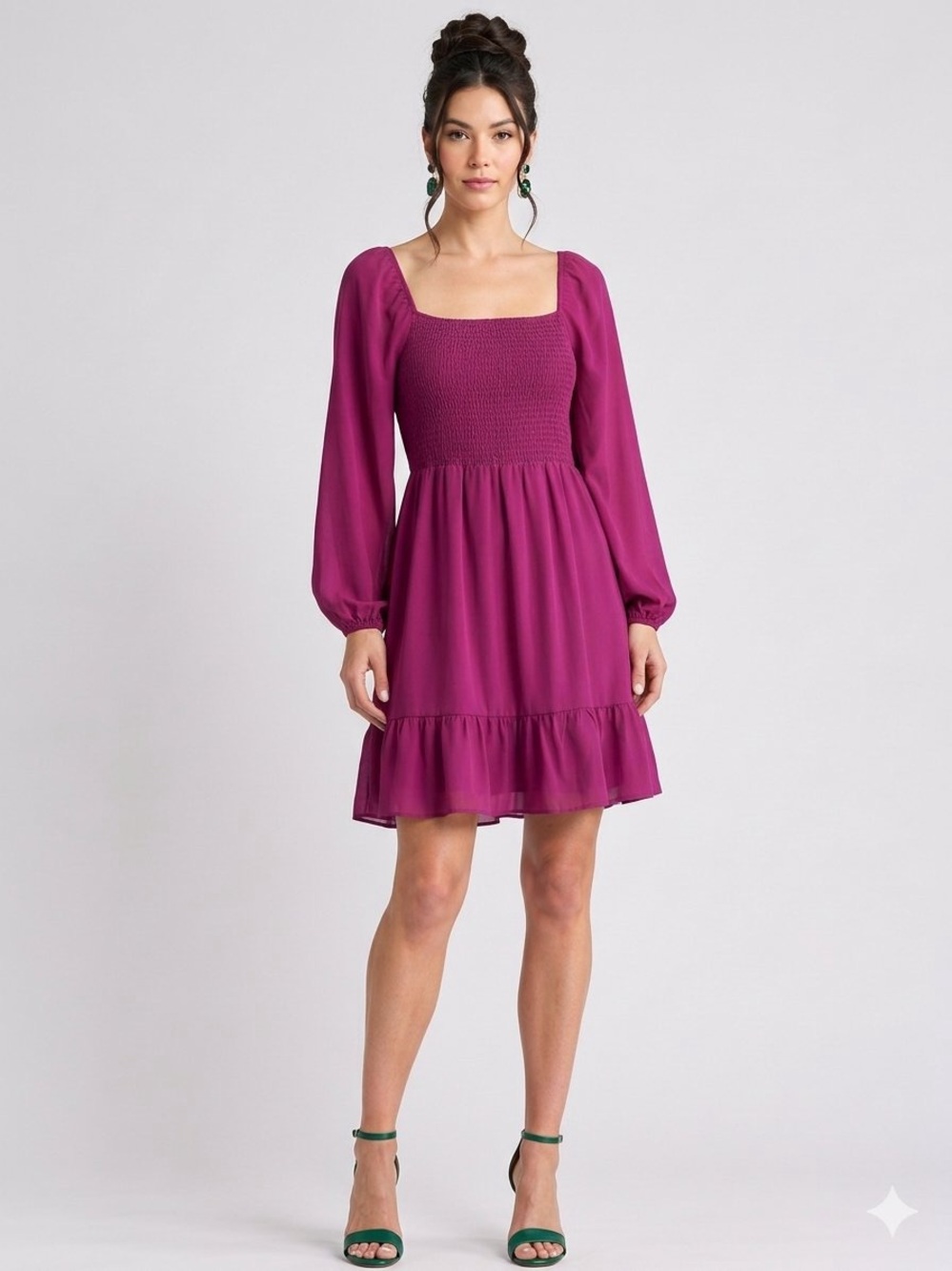 Nanette Lepore Magenta Smocked Square-Neck Long-Sleeve Mini Dress